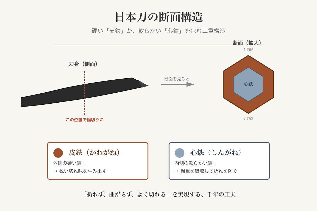 皮鉄が心鉄を包む日本刀の断面構造図