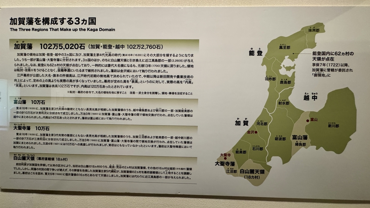 以地图与石高展示构成加贺藩的三国的解说面板