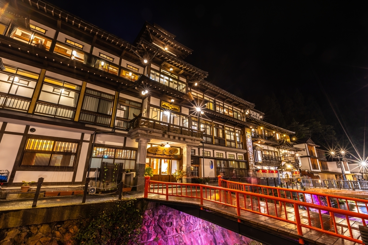 夜晚的溫泉街中亮起燈光的木造溫泉旅館