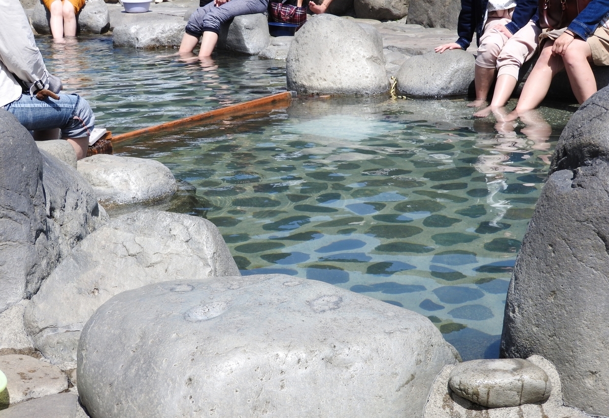 Clear water foot bath surrounded by rocks