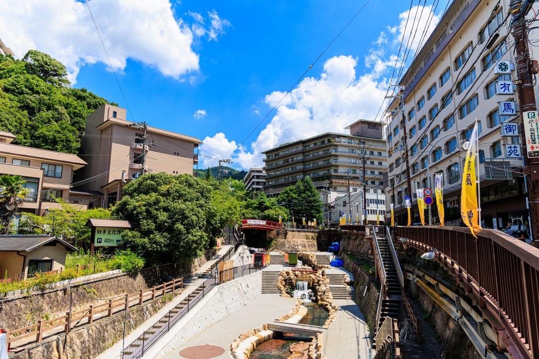 El distrito de ryokan de Arima Onsen y las calles en torno al puente Taiko