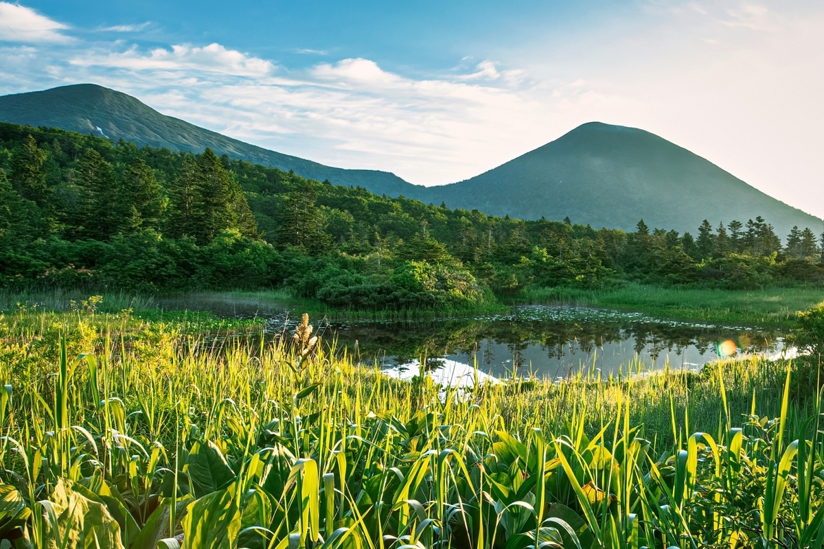 El humedal y la cordillera que rodean Yachi Onsen en las montañas Hakkoda