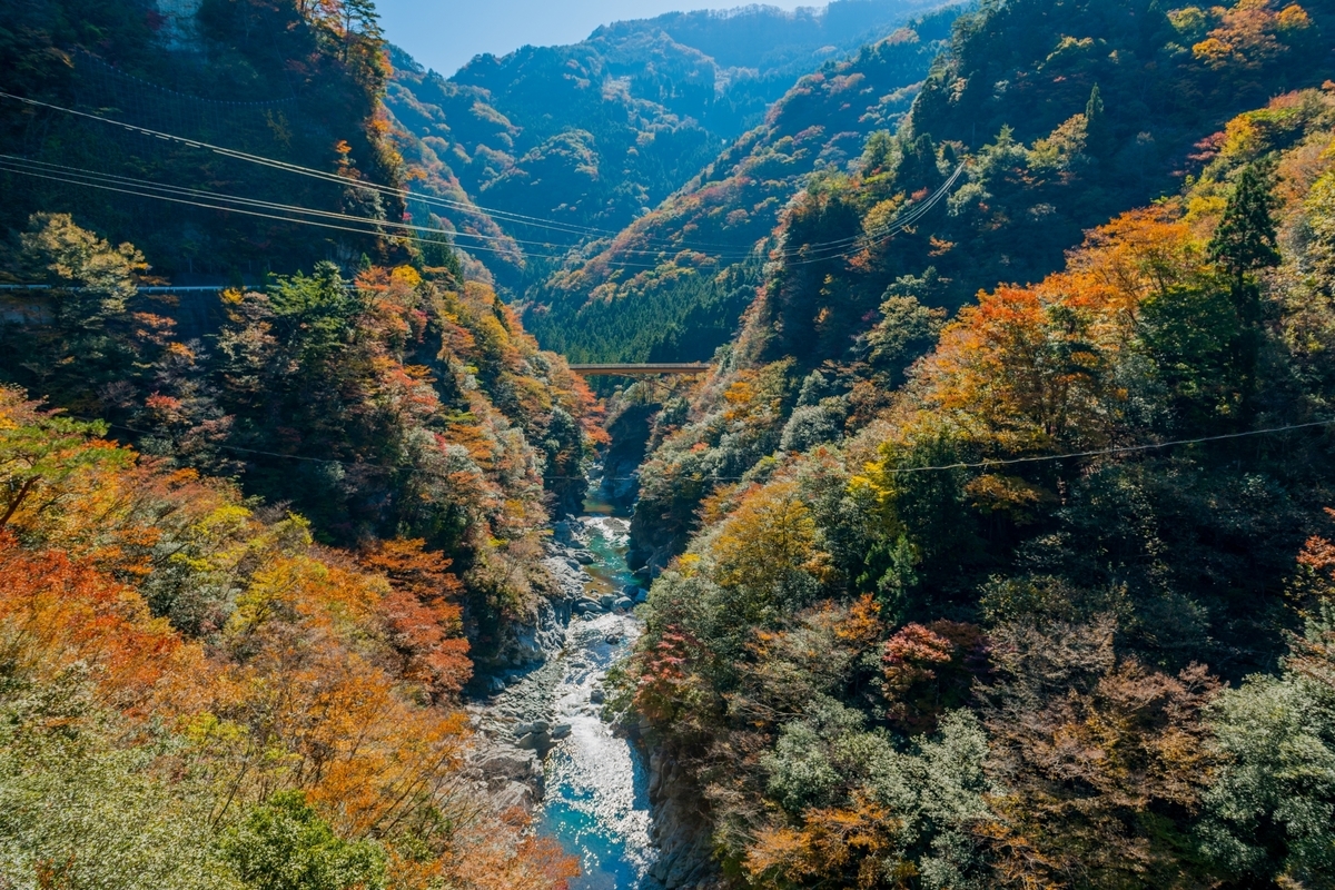 El valle profundo y el río de la garganta de Iya envueltos en el follaje otoñal