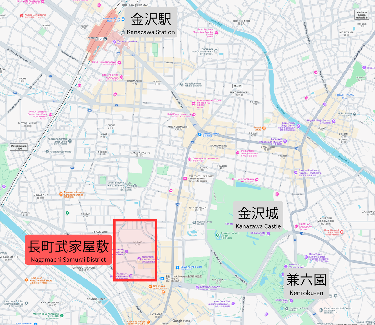 标示金泽站、金泽城、兼六园与长町武家屋敷迹位置关系的地图
