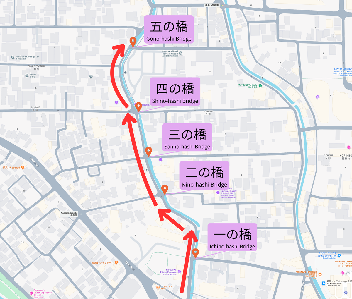 从第一座桥向北至第五座桥的长町武家屋敷迹漫步路线图