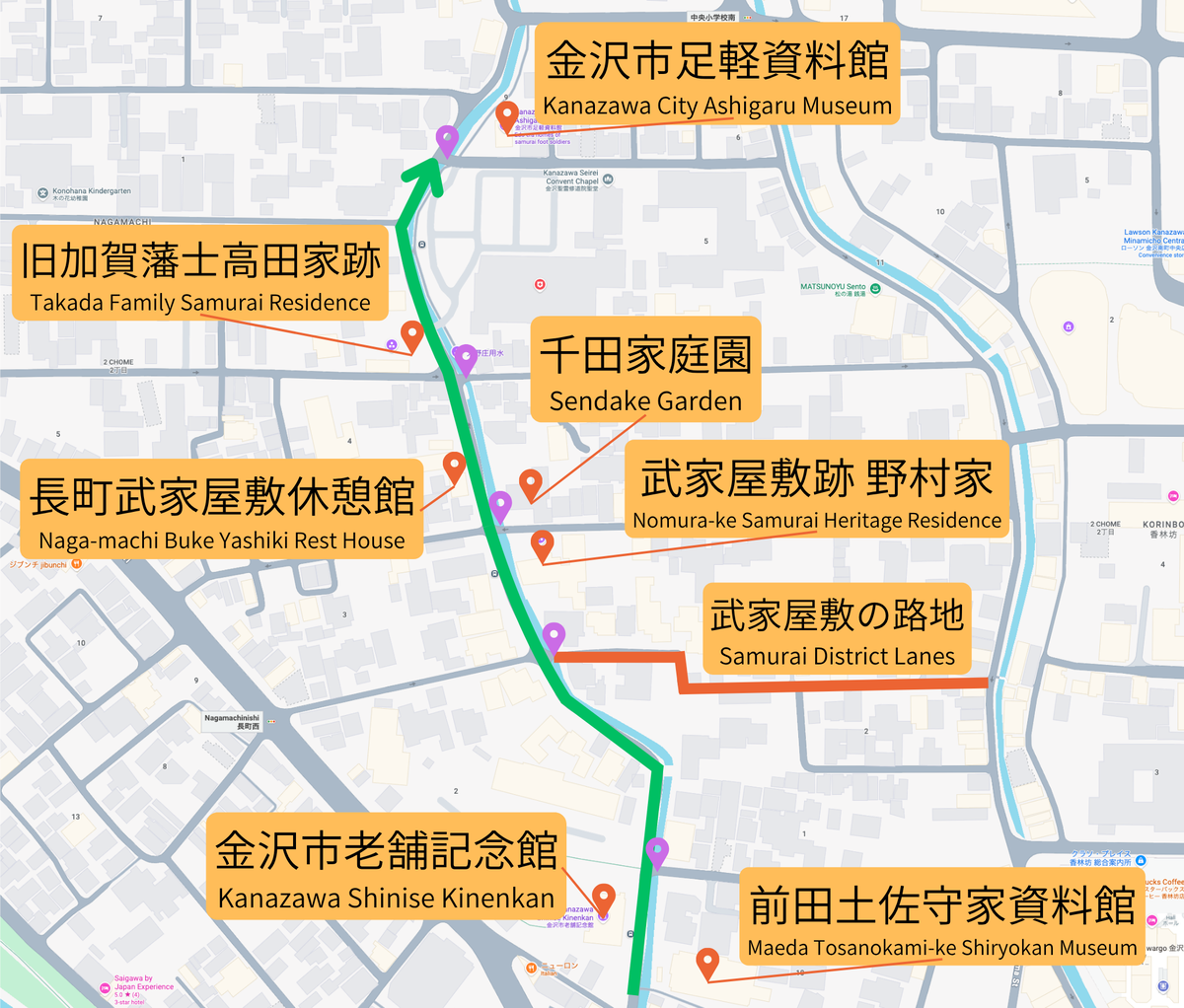 长町武家屋敷迹主要博物馆与观光景点的分布图