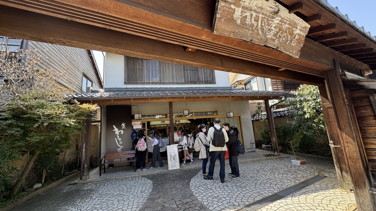 游客聚集在门内的第三座桥附近土产店