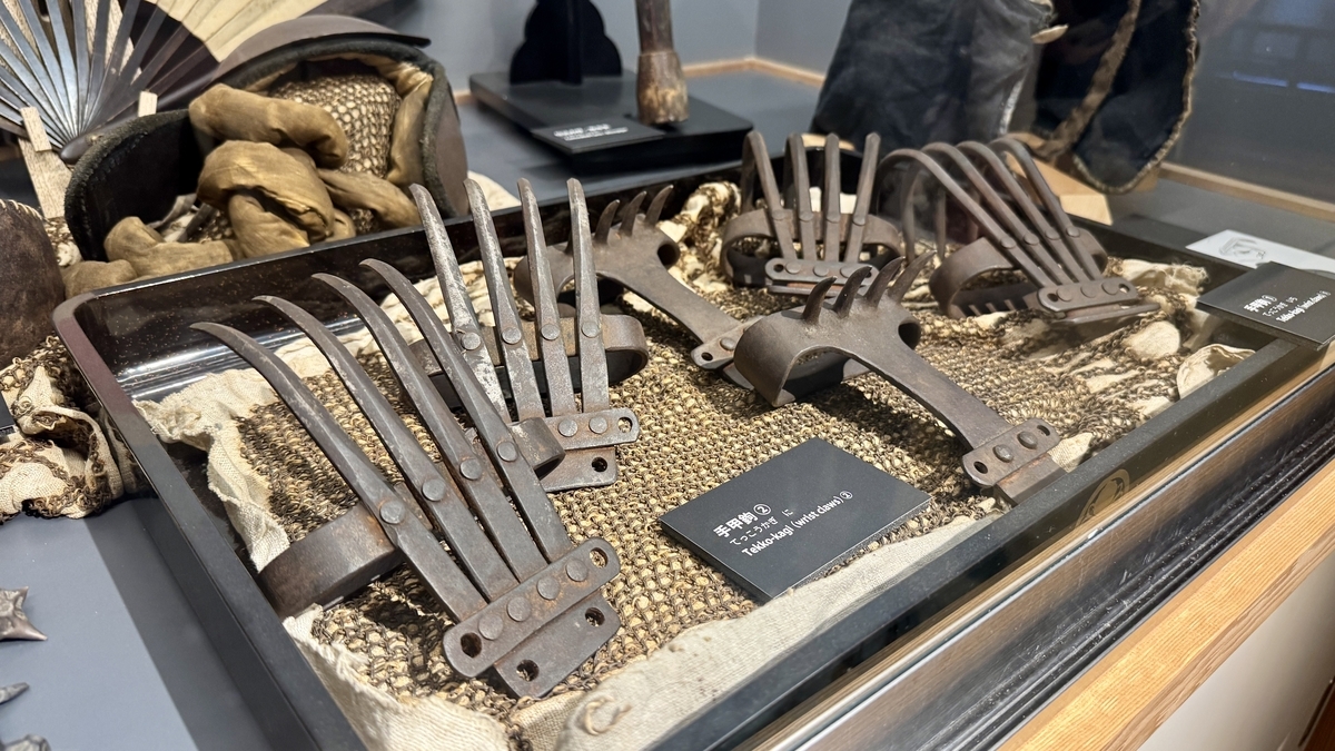 A close-up of hand claws with rows of iron claws