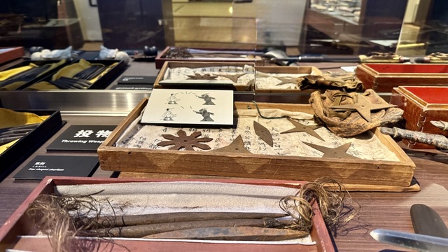 A display of ninja tools lined with shuriken and small blades