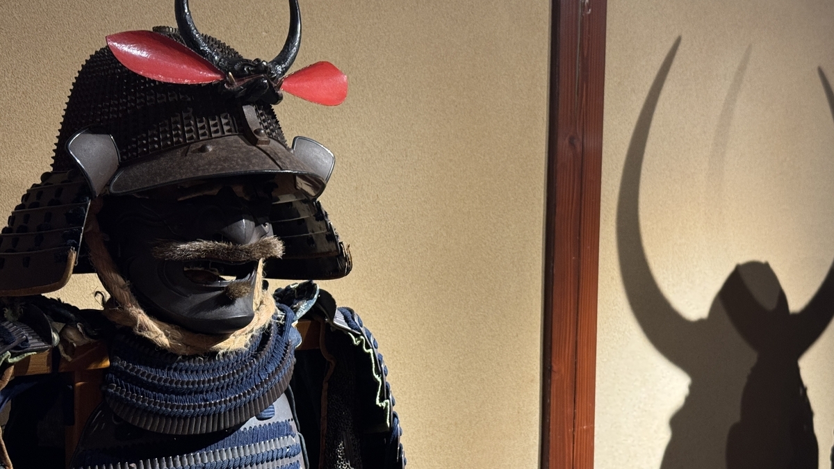 Armor with a striking red helmet crest and face guard