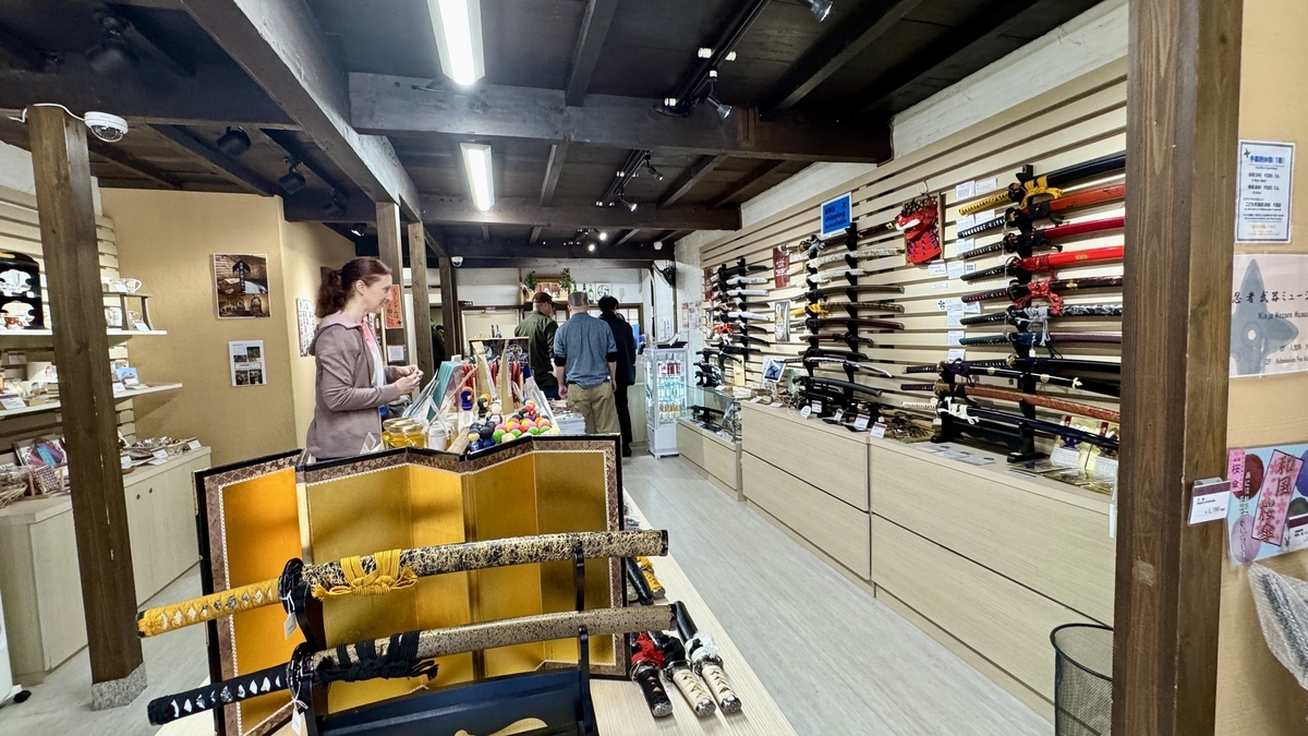 The museum shop lined with replica katana and ninja goods