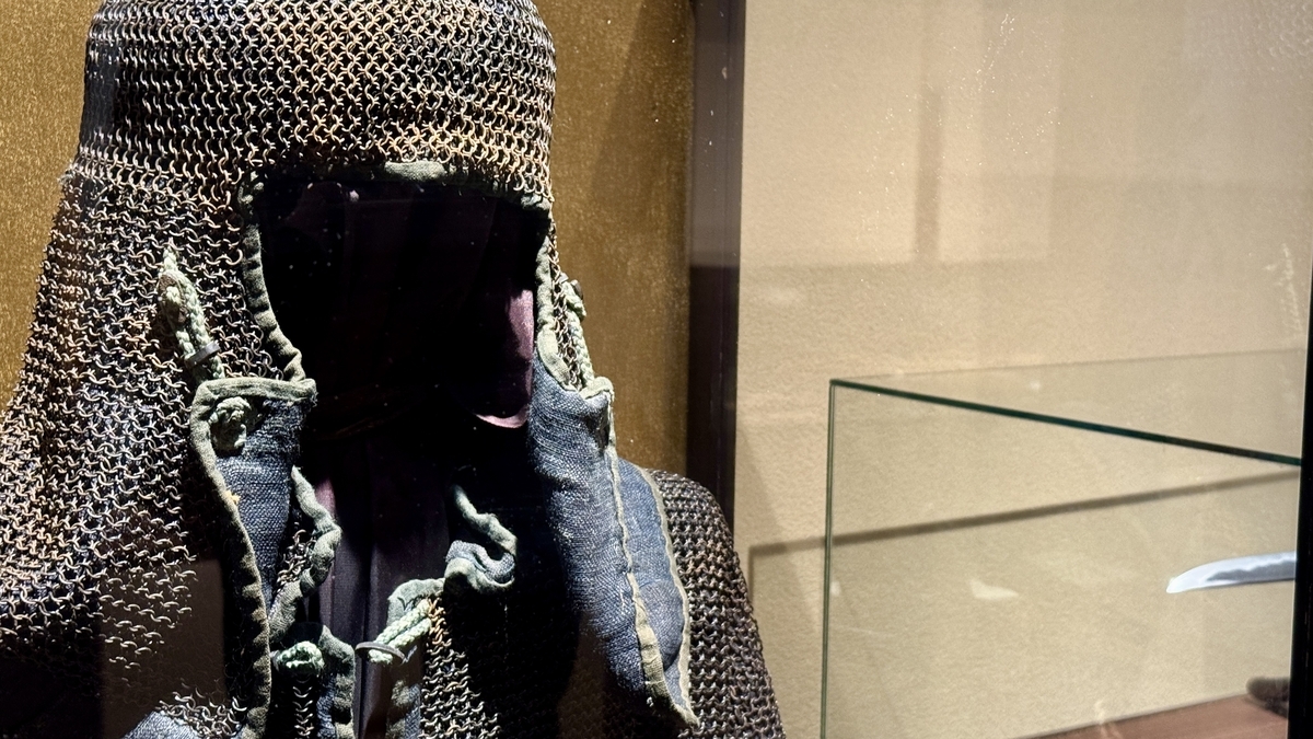 A close-up of ninja attire with a chainmail hood