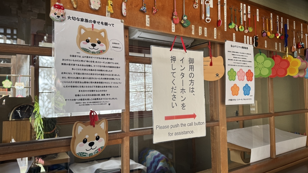 犬の絵馬とお守りが並ぶ妙立寺の授与所