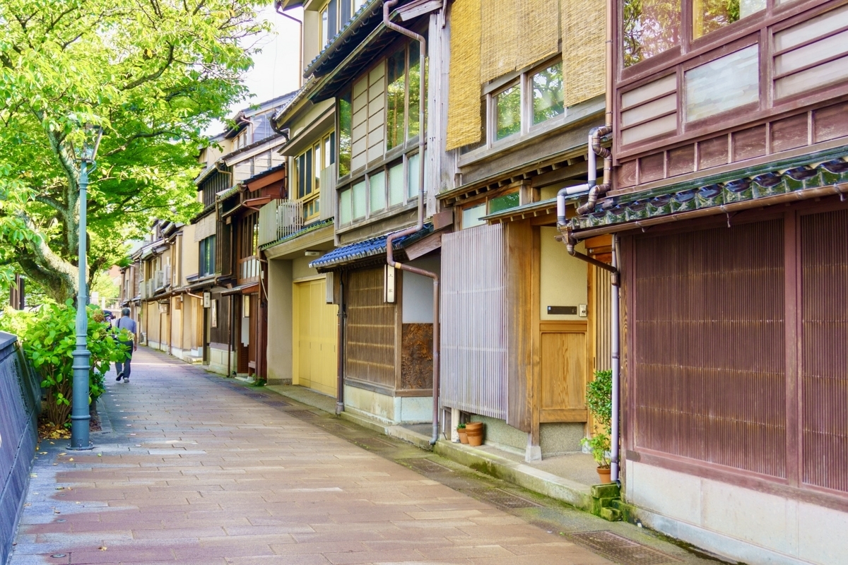 Teahouse buildings of Kazuemachi Chaya District lining a narrow street along the Asano River