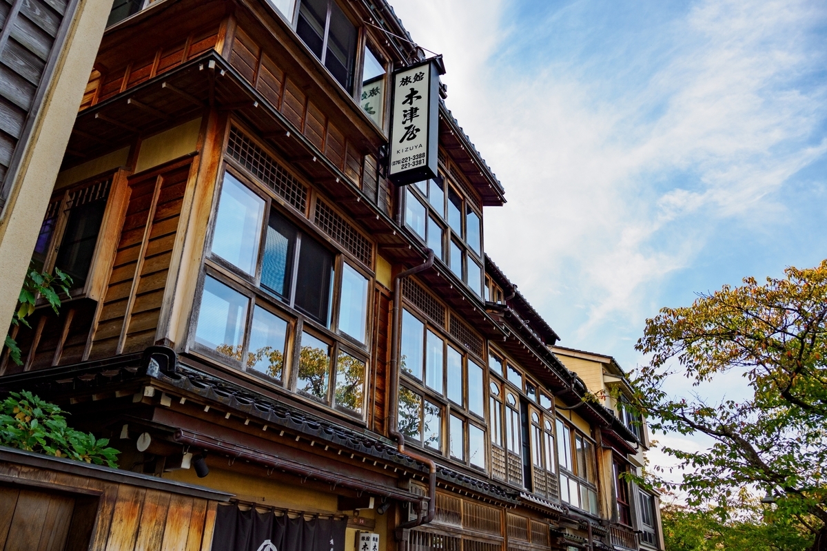 A wooden building in Kazuemachi Chaya District with the sign of the Kizuya inn