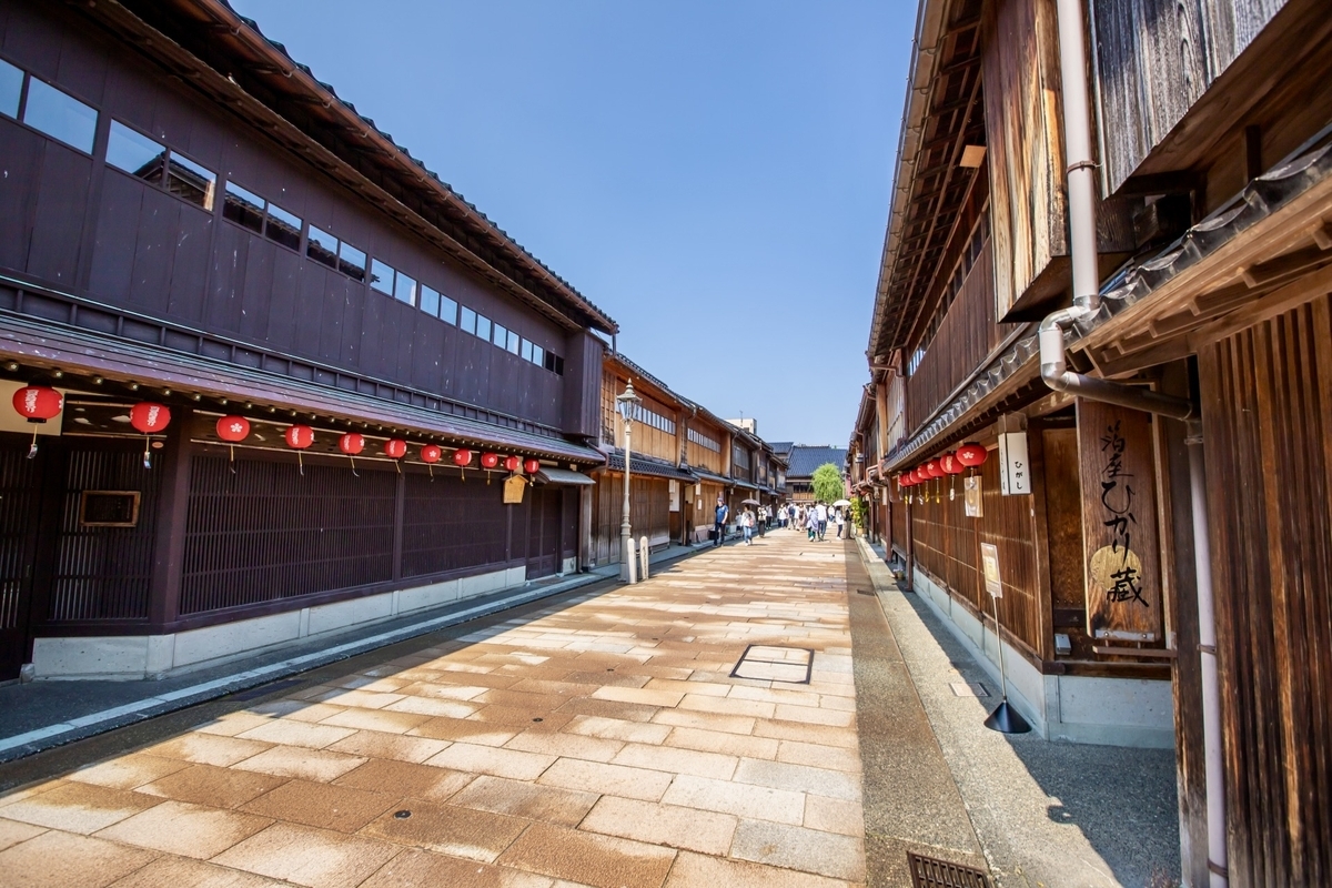 Una calle del barrio Higashi Chaya bordeada de farolillos rojos y casas de té