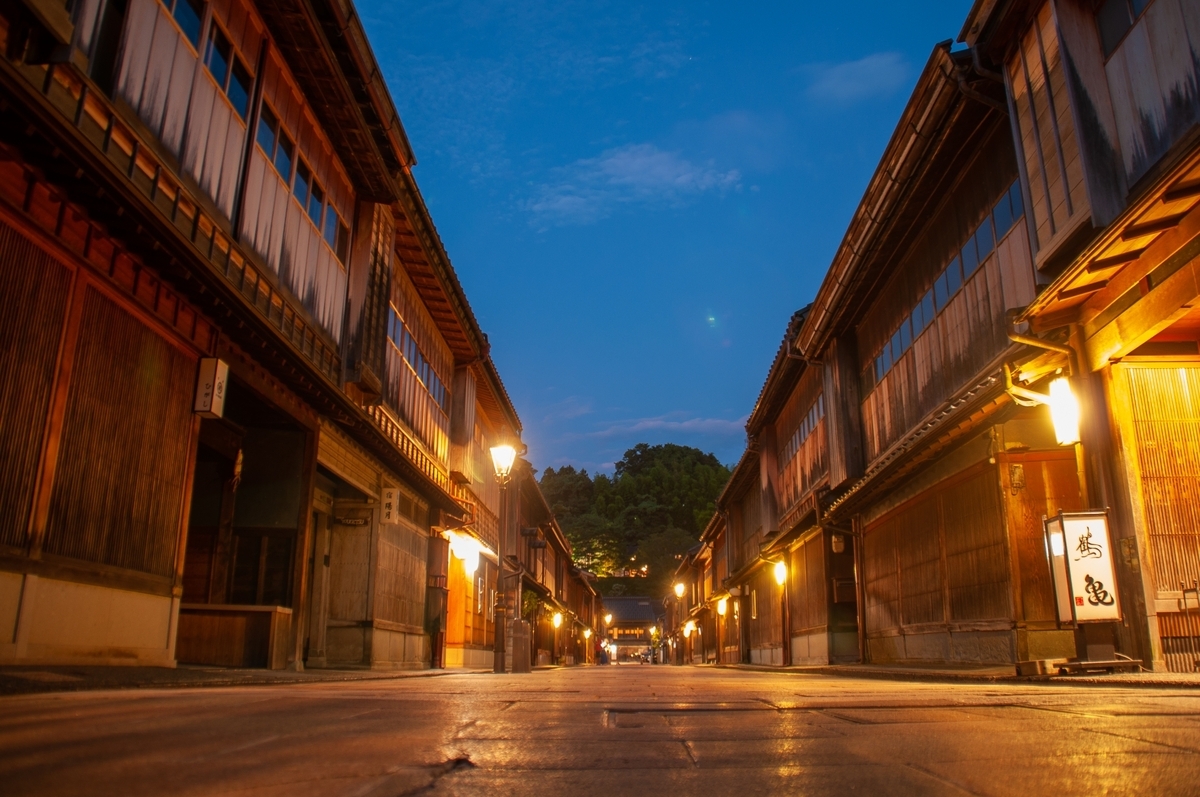 Una calle donde una luz cálida ilumina el empedrado y las casas de té de noche
