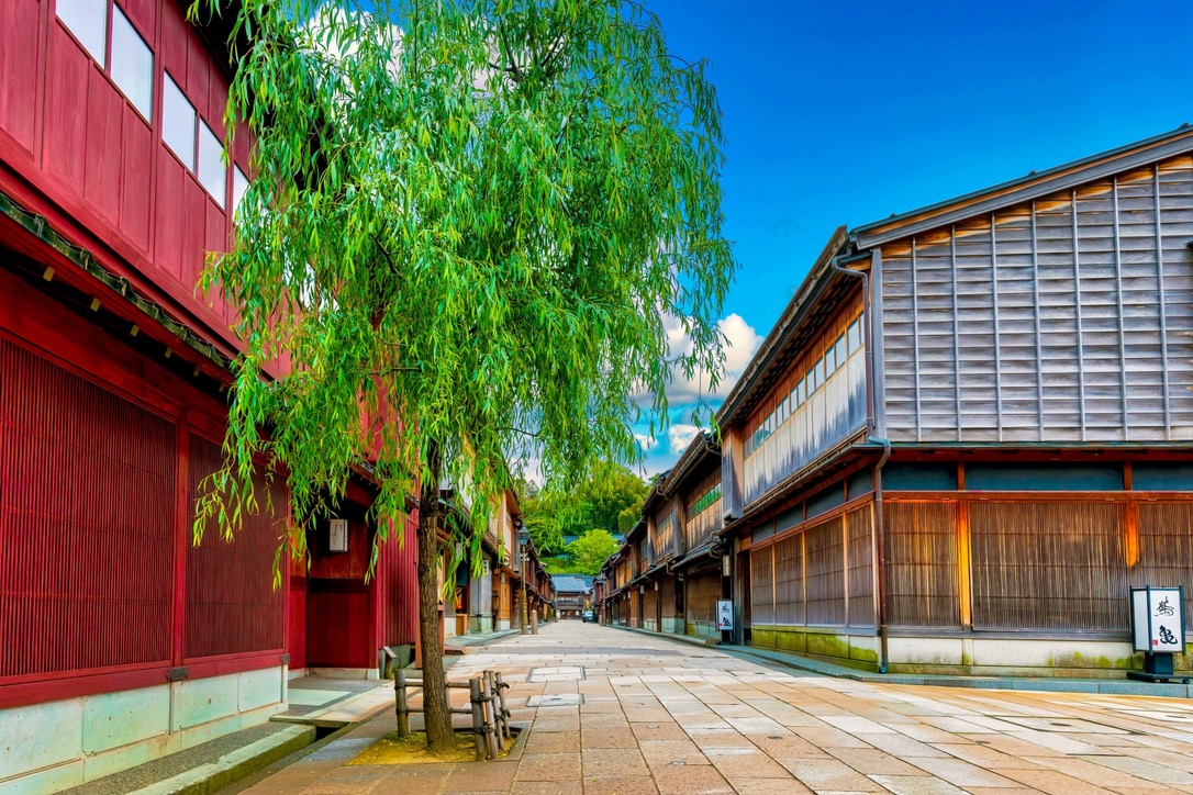 Una calle del barrio Higashi Chaya con un sauce y un edificio de celosía de color rojo ocre