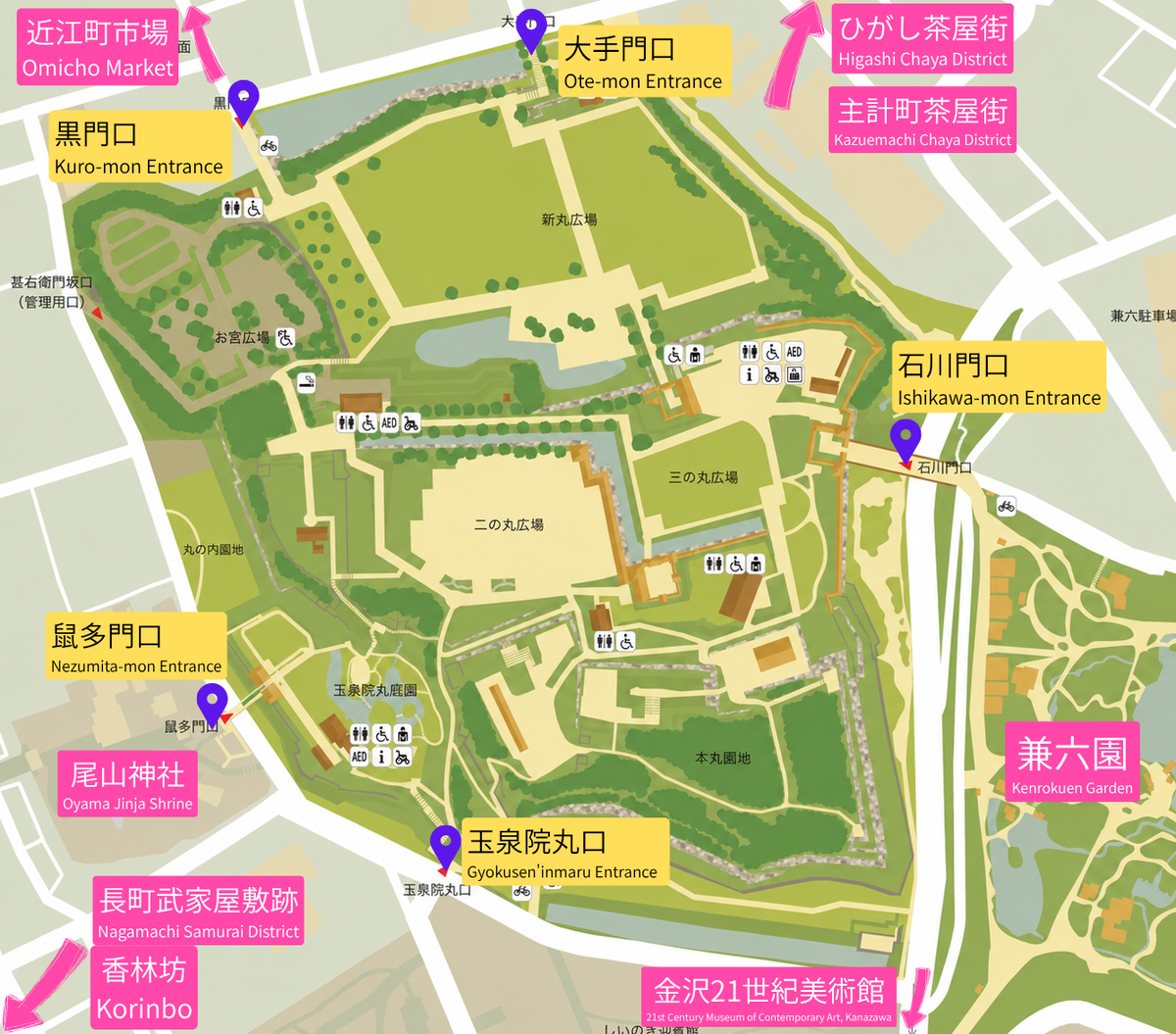 가나자와성 공원의 다섯 출입구와 주변 관광지를 표시한 지도