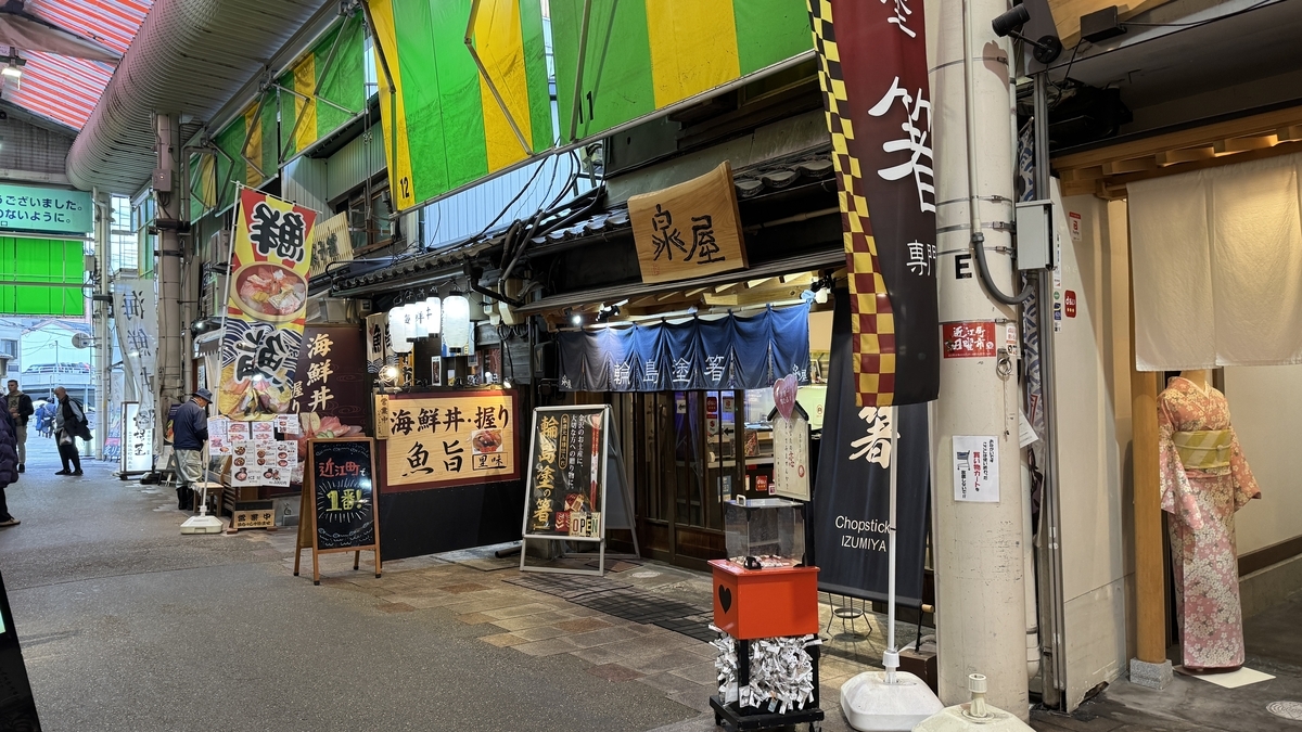 Restaurante de cuencos de marisco y nigiri junto a un pasillo del Mercado Omicho