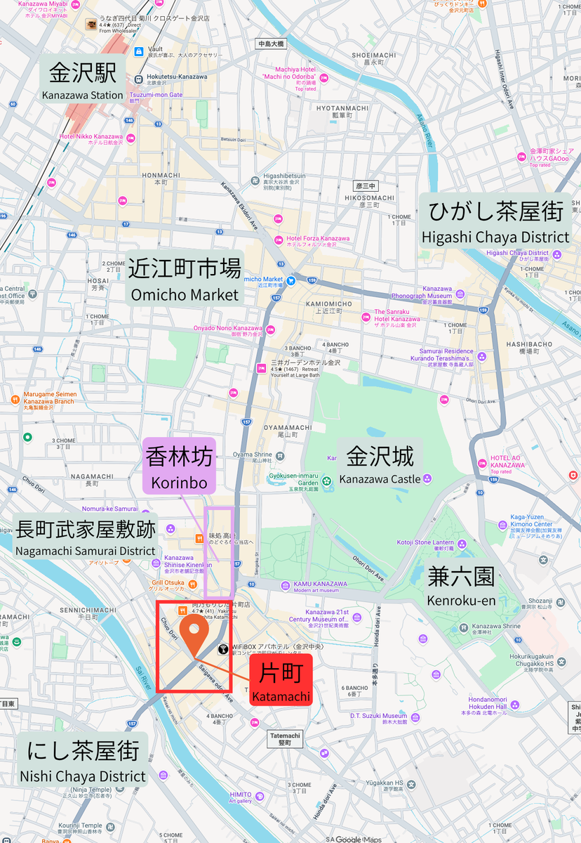 标示片町相对于金泽站与兼六园位置的地图