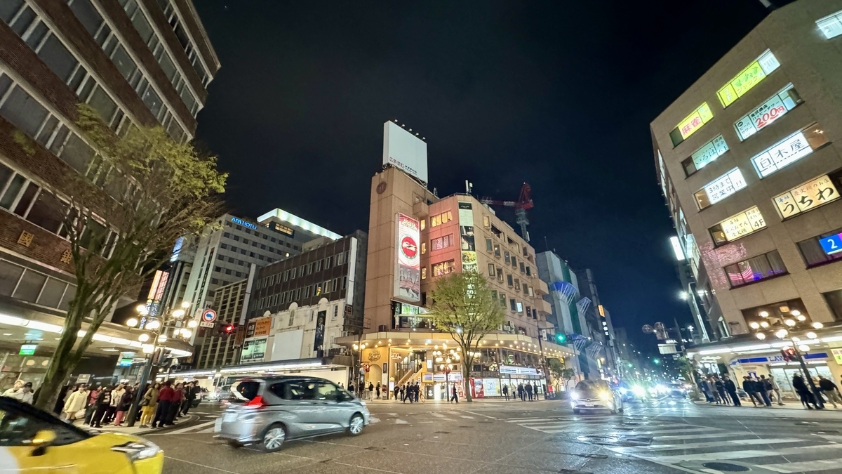 车辆与行人往来的夜晚片町十字路口
