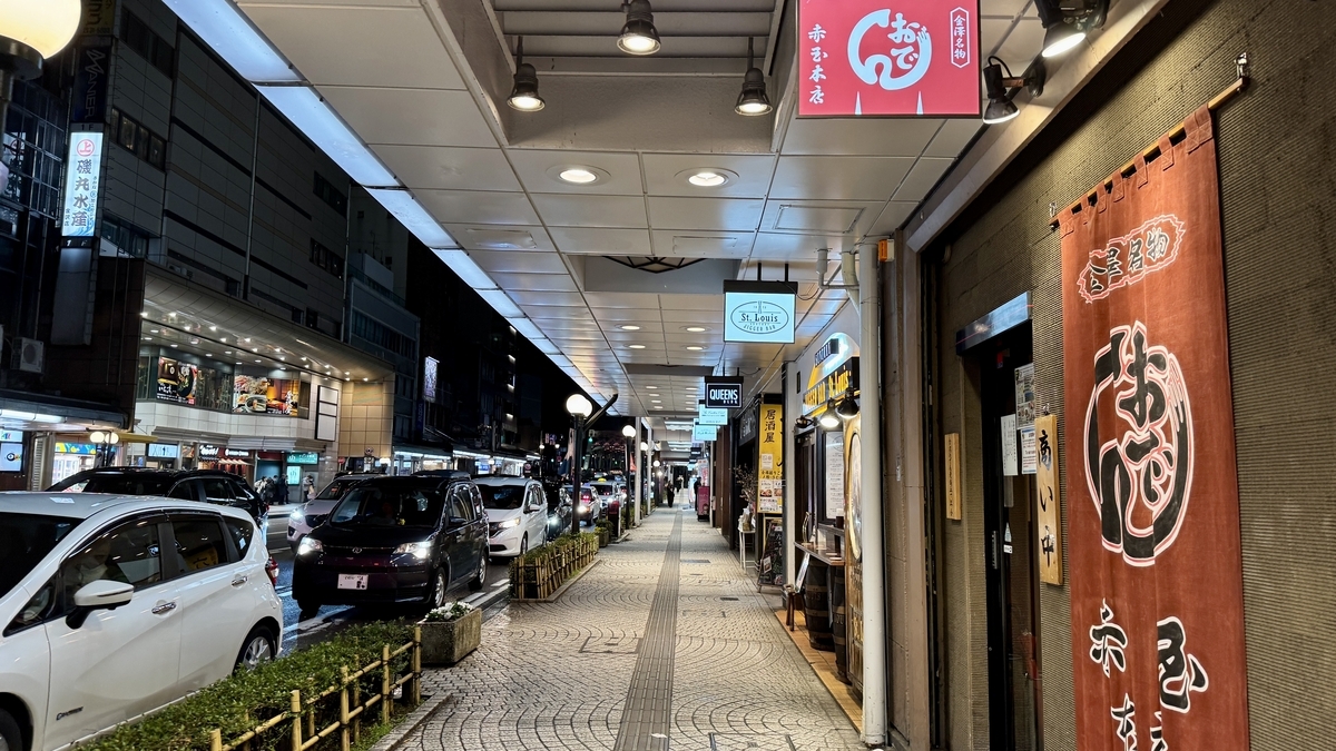 片町拱廊人行道旁排列的居酒屋入口