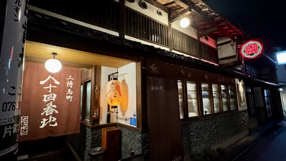 挂着暖帘与灯笼的木造居酒屋门前