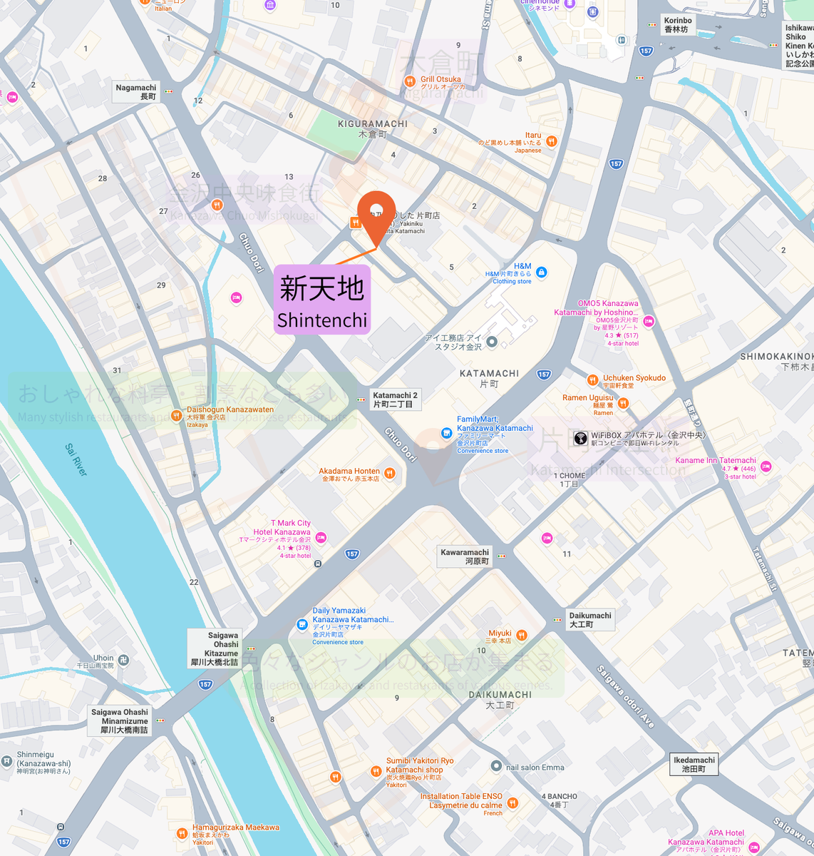 标示新天地在片町周边位置的地图