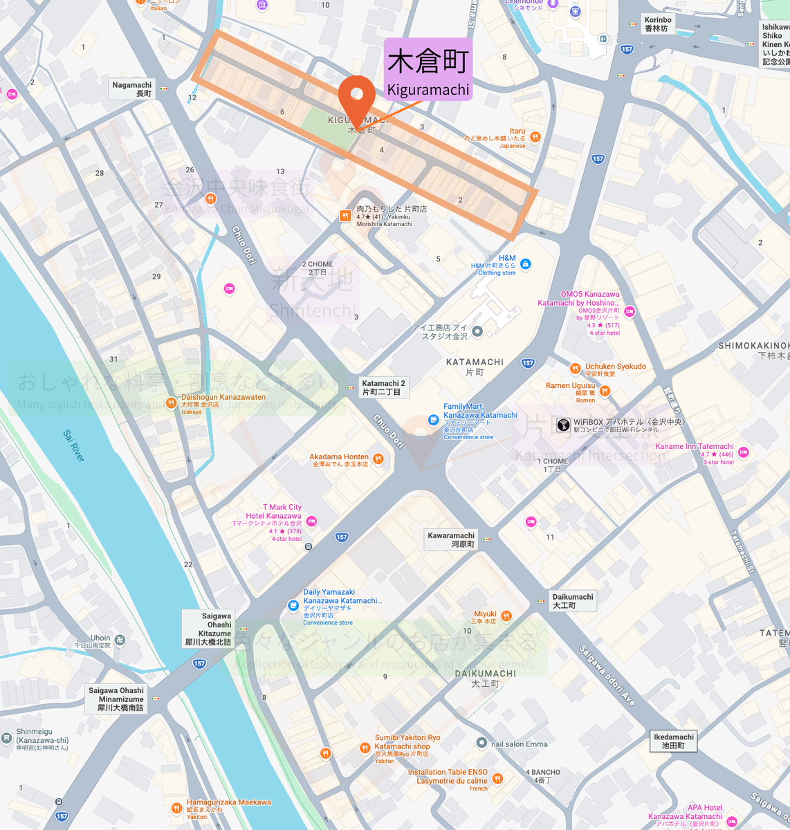 标示木仓町通在片町周边位置的地图