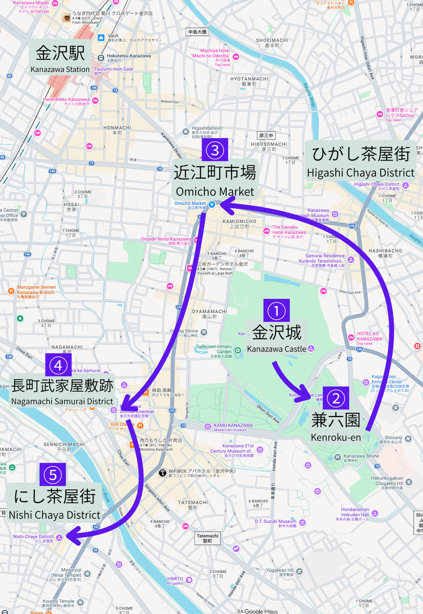 金沢城から兼六園や近江町市場を巡る観光モデルコース地図
